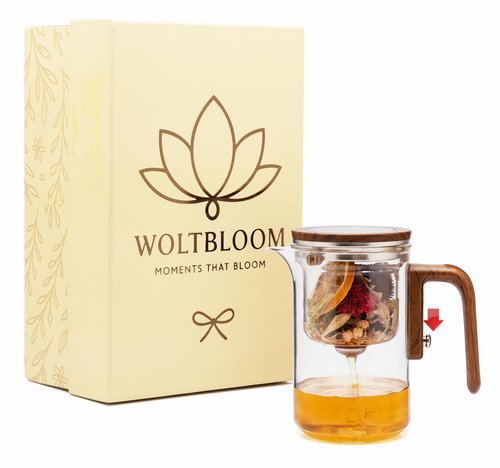 WOLTBLOOM Enchanti Tea Pot - Modern Glass Infuser Teapot - Water Separation Magic Teapot with Heat-Resistant Handle - Elegant Gift Box & Writable Card - Perfect for Loose Leaf Tea - 600 ML (20oz)