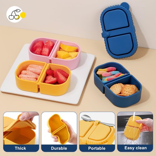 LOROTOCO 3 Pack Silicone Reusable Snack Containers with Lids - 8 oz Double Compartment Snackle Box for Kids & Adults, BPA-Free & Leakproof, Small for Dressing, Snacks, School, Office, Picnic
