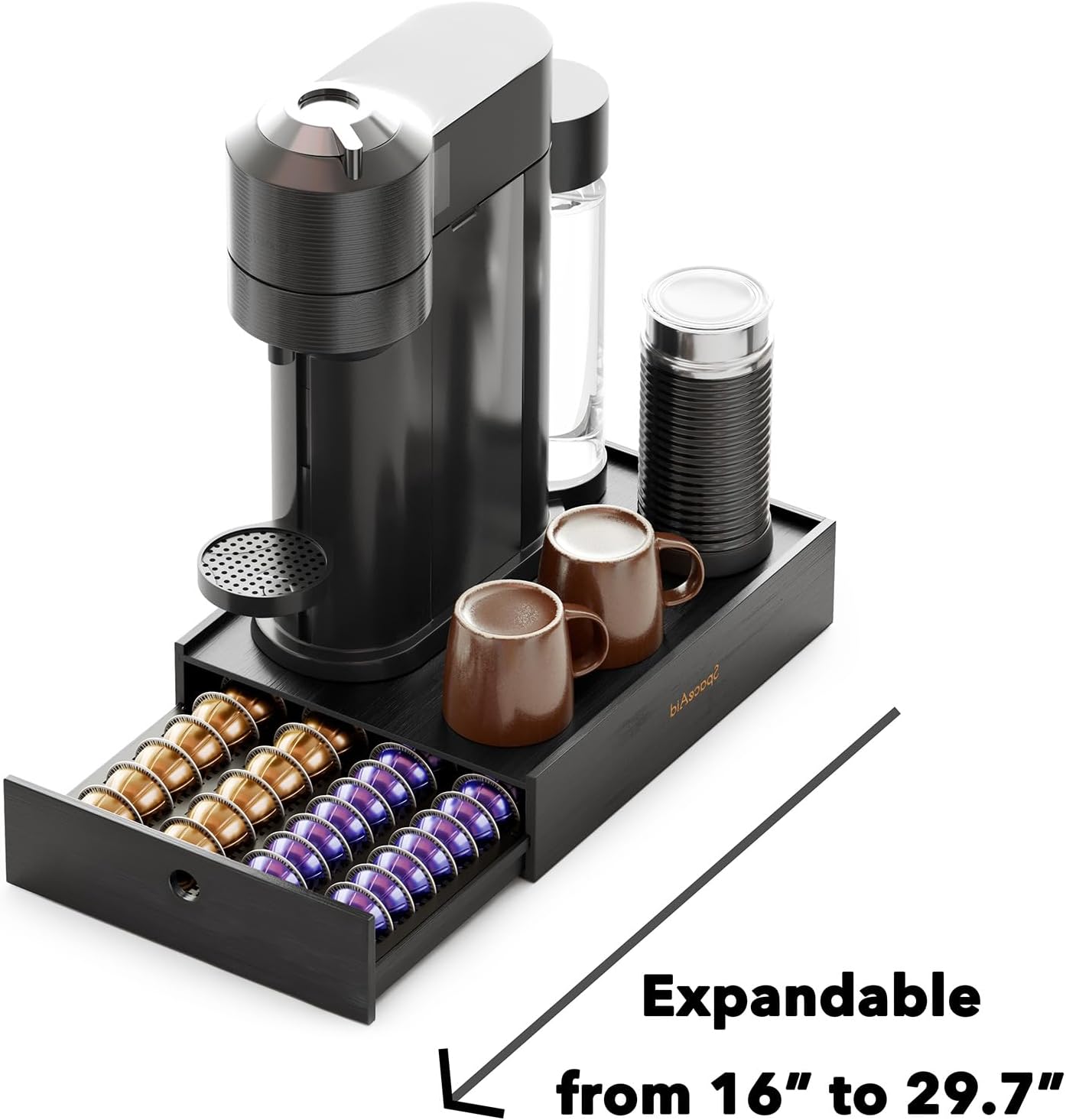 SpaceAid Bamboo Coffee Pod Holder - Stylish Drawer Organizer for Nespresso Vertuo Capsules | Holds 40 Big or 56 Small Pods (Black)