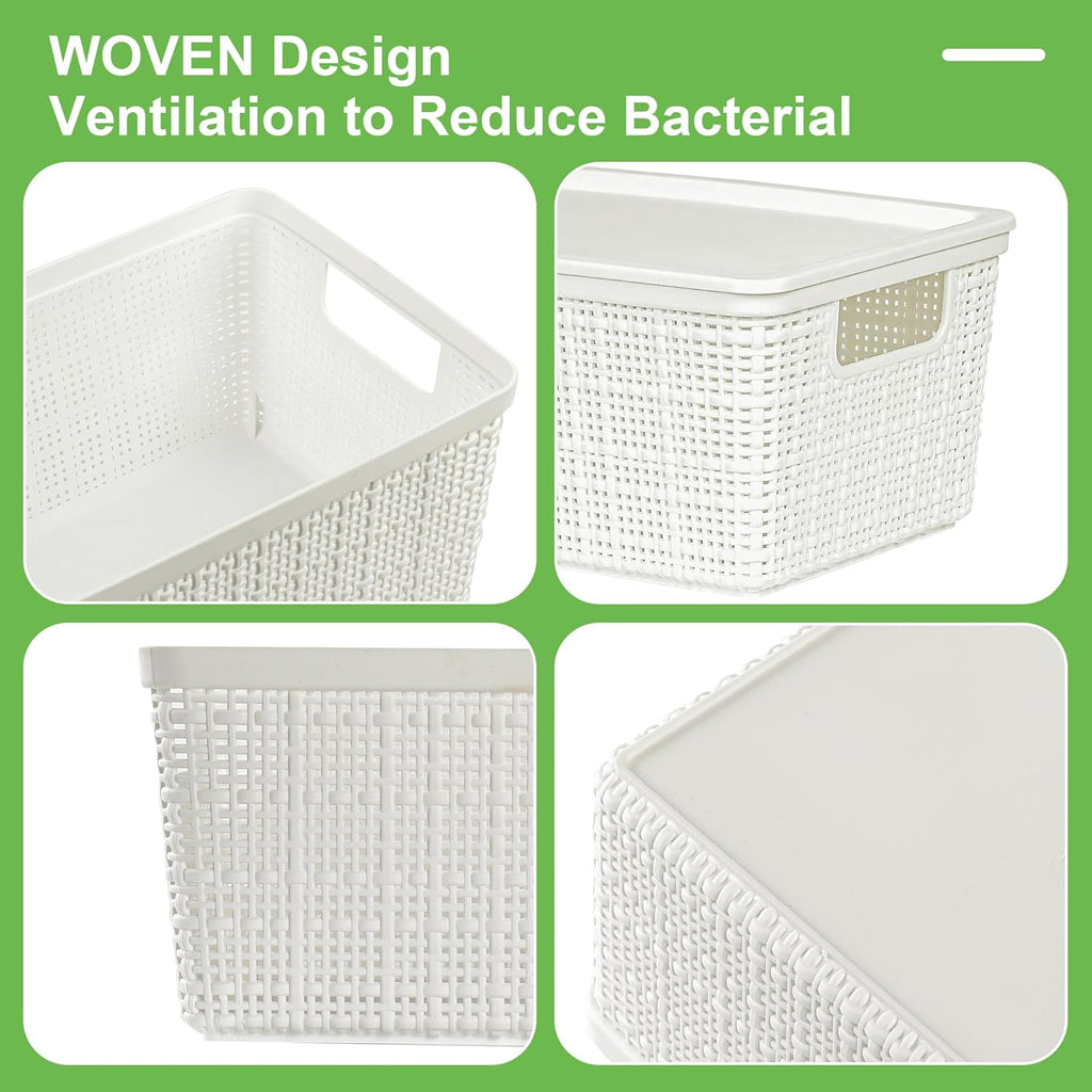 Plastic Storage Baskets by [Brand Name] - 6 Pack White Stackable Bins with Lids for Organizing Desktops & Closets