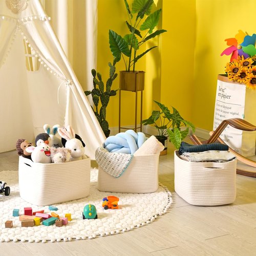 ICERZCZ Storage Baskets - Woven Cotton Rope Organizers for Nursery & Home | 15"x11"x9.5", Off White, 3 Pack