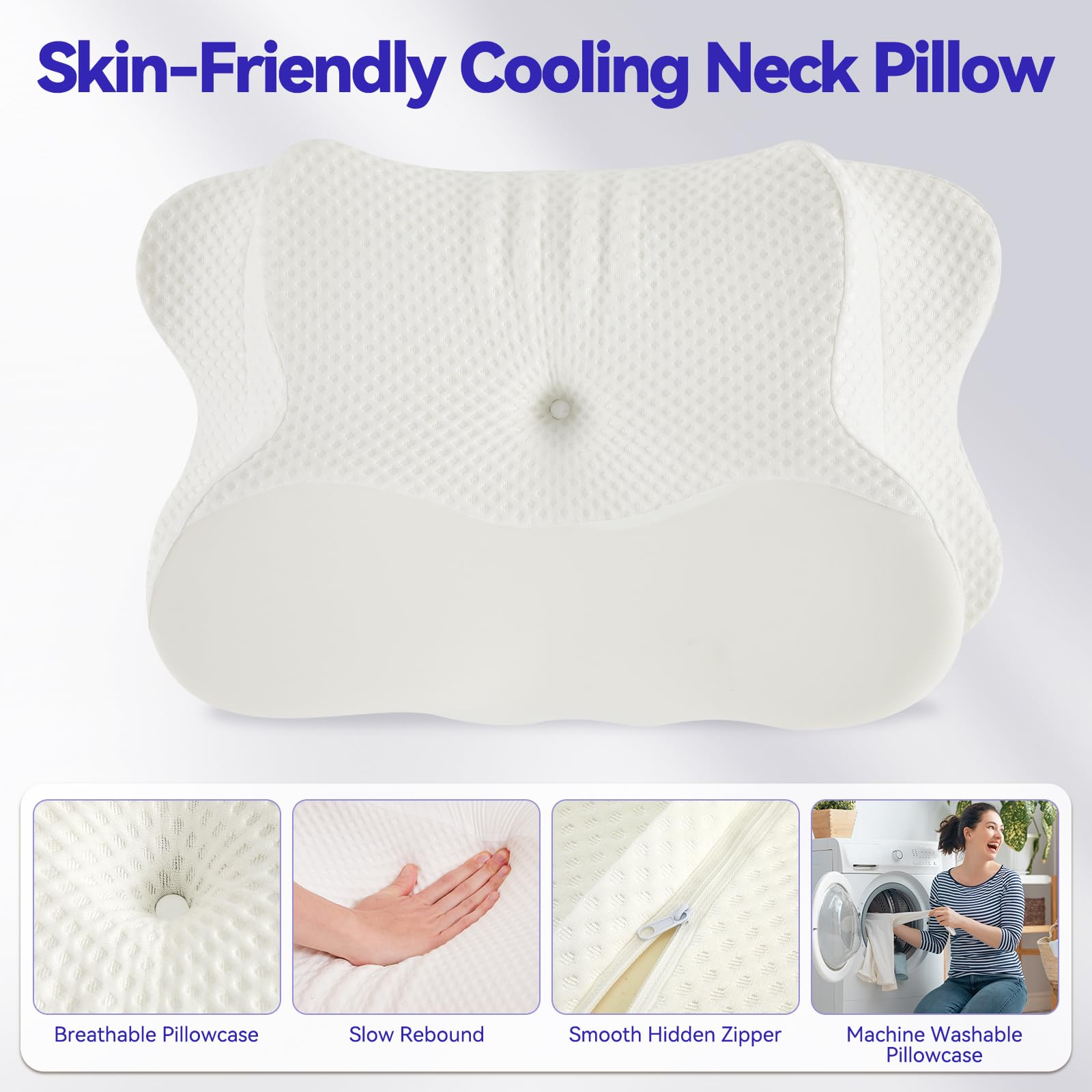 Deason Cervical Neck Pillow for Sleeping, Ergonomic Memory Foam Pillow for Neck Pain Relief, Adjustable Height Bed Pillow for Side & Back Sleepers, Ice Silk Breathable Cover, White