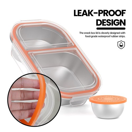 CODIEKEY Snackle Box Container,Dishwasher,Reusable Snack Containers With Lids,2 Compartment Stainless Steel Snack Containers,Fruits, Snacks,Nuts,Salad,travel,800ML,White&Orange,1 Pack