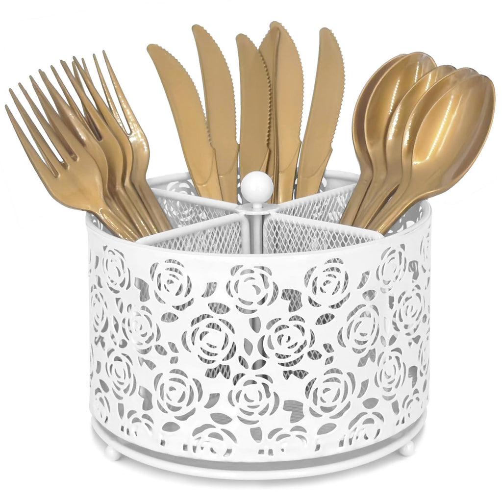 DysanVica 360° Rotating Metal Silverware Caddy - 4 Compartment Utensil Cutlery Holder Fork Spoon Napkin Organizer Flatware Storage Basket Party Countertop Buffet Picnic Camping Outdoor (White)