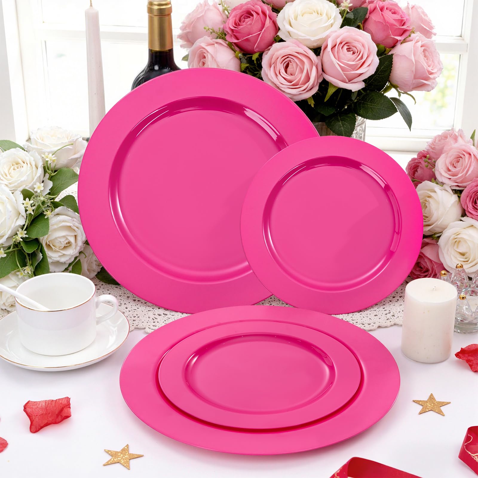FLOWERCAT 60PCS Hot Pink Disposable Party Plates Set – 30 pcs 10.25″ Dinner Plates & 30 pcs 7.5″ Dessert Plates for Spring Parties, Valentine’s Day, Wedding – Sturdy & Stylish Tableware