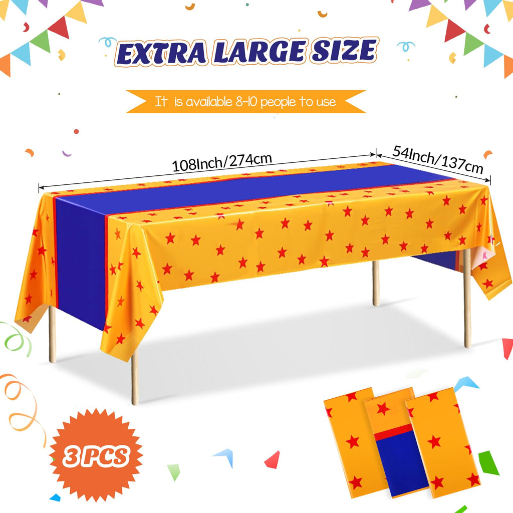 Oudain 3 Pcs Anime Theme Tablecloth 108 x 54 Inches Cartoon Table Covers Yellow Blue and Red Stars Print Table Cloth for Birthday Party Decoration