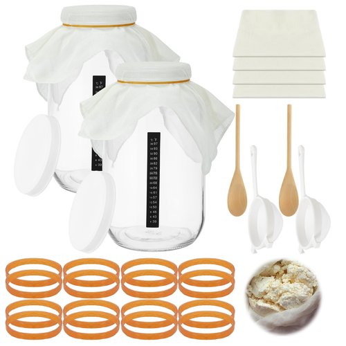 Honeydak 16 Pcs Complete Kefir Starter Kit Kombucha Fermenter Kit Gallon 128oz Mason Jar Wide Mouth with Plastic Storage Lid Nylon Mesh Strainer Cotton Cloth Cover and Wood Spoon