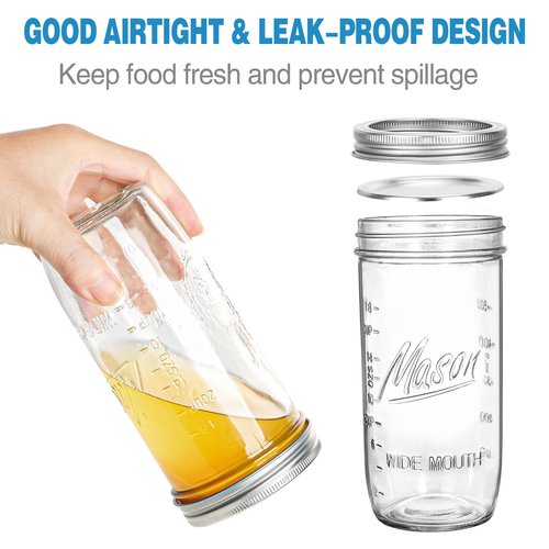 24 oz Wide Mouth Mason Jars - Canning Jars with Metal Airtight Lids and Bands, 24 ounce Mason Glass Jars for Fermenting, Pickling, Meal Prep, Overnight Oats, Jam, Jelly, DIY Projects (8 pack)