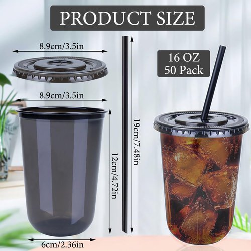 50 Set Disposable Stemless Glasses with Lids and Straws 16oz Plastic Cups Iced Coffee Cup Cold Party Plastic Wine Glasses Classic Cup for Birthday Wedding Cocktail Halloween Christmas Party (Black)