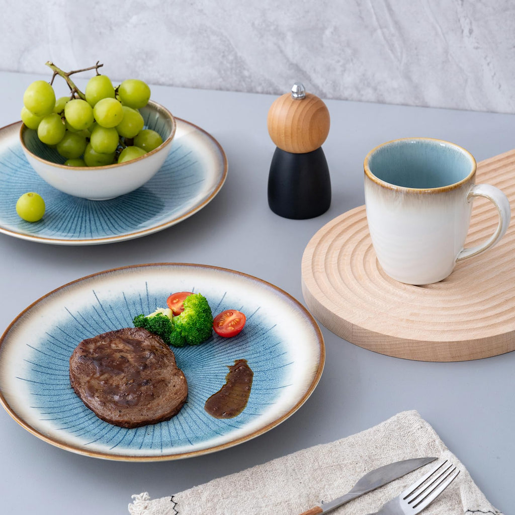 WHITEPEONY Blue Stoneware Dinnerware Set, 12 Pieces, Blue Stripe Marble, Dishwasher & Microwave Safe