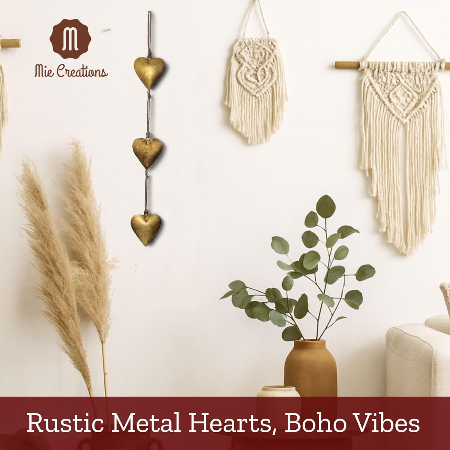 Mie Creations Vintage Metal Heart Wall Art - Gold Heart Shaped Bedroom Decor | Rustic Anniversary Gift, 27''