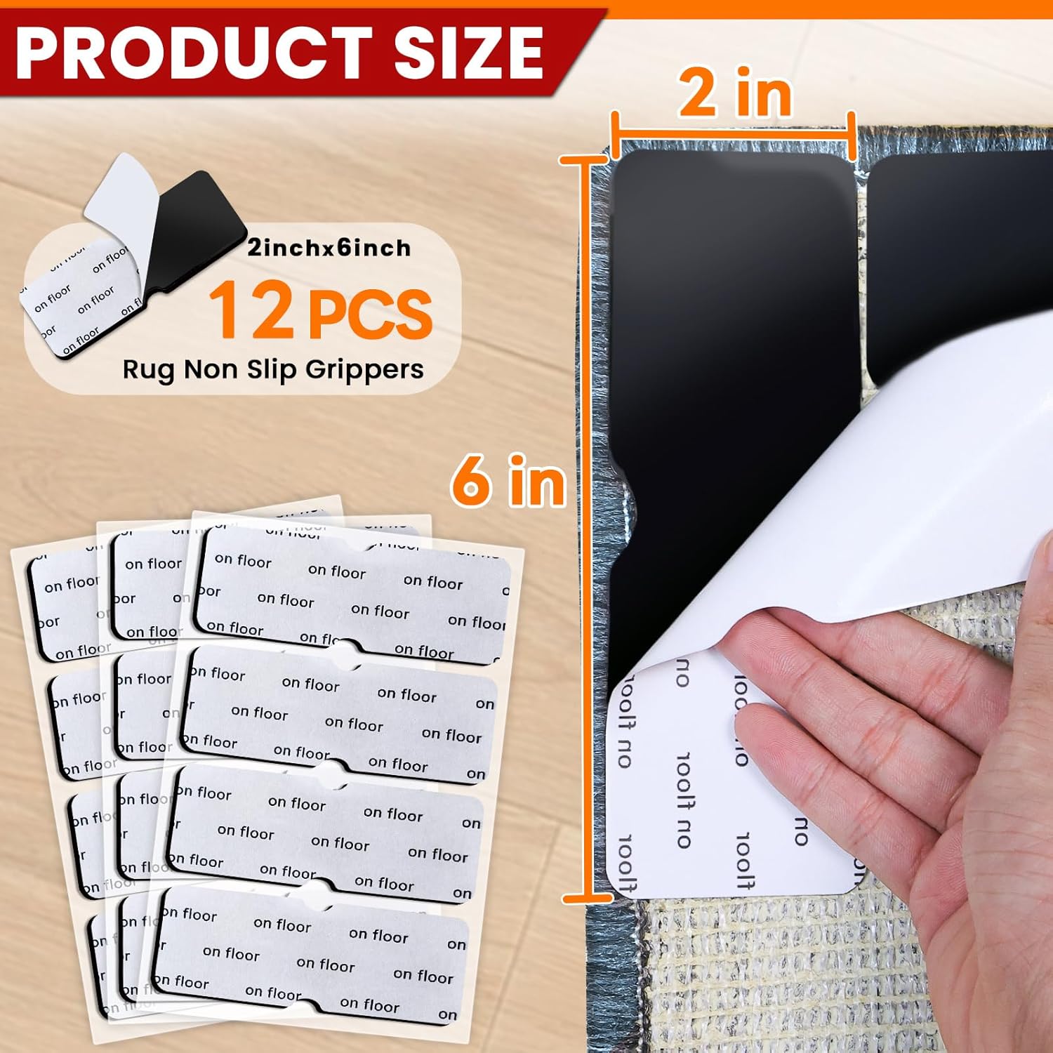 Skiennix Non-Slip Rug Grippers - Reusable Carpet Tape Pads for Hardwood & Tile Floors (12 Pack)