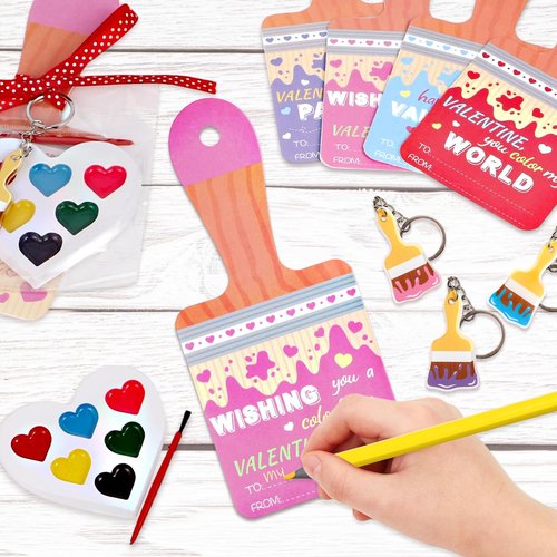 GKLTVB 24 Sets Valentines Day Gifts for Kids,Valentines Cards with Watercolor Paint Bulk and keychain,School Classroom Exchange Gifts for Party Favors