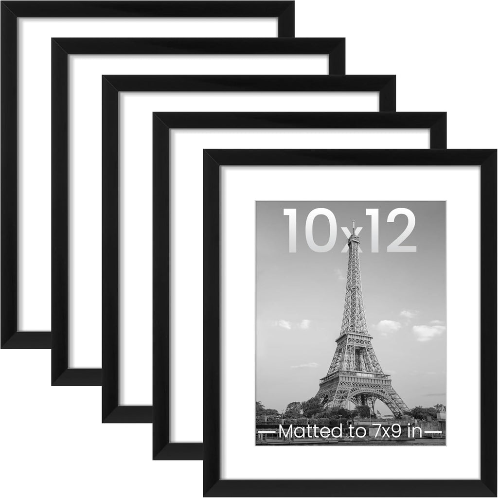 Upsimples 10x12 Picture Frame Set of 5 - Display 7x9 Photos with Mat or 10x12 Without | Black Wall Gallery Frames