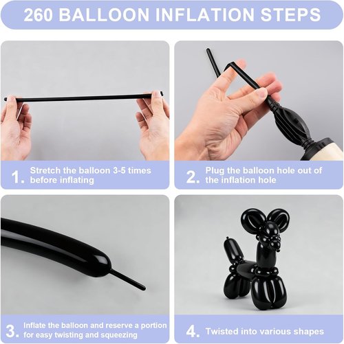 260 PCS Black Balloons - Premium Long Skinny Latex for Twisting, Weddings & Birthday Parties