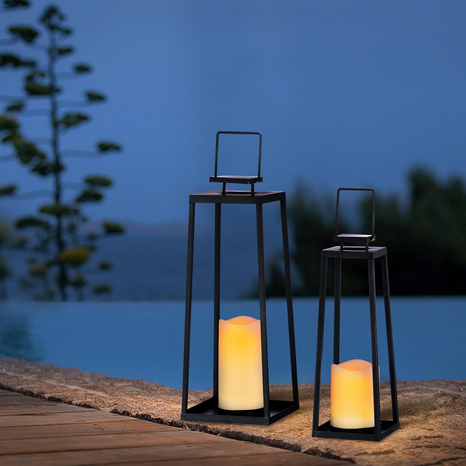 Skiennix Solar Lantern Set of 2 - Modern Black Metal Lanterns with Solar Candles | 18’’ & 15’’ for Outdoor Decor