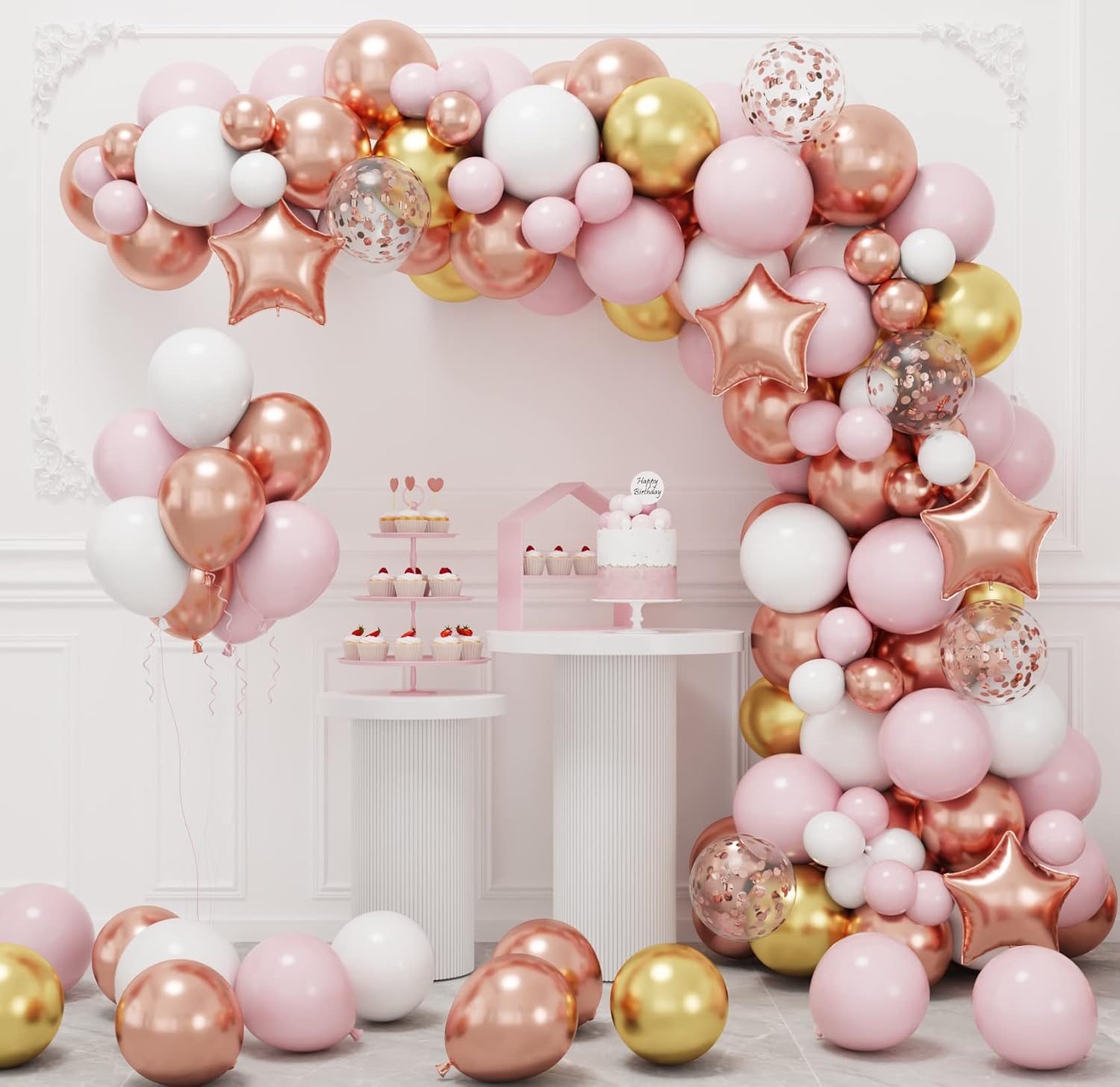 RUBFAC Rose Gold Balloon Garland Arch Kit - 140pcs Light Pink, Gold & White Balloons for Celebrations
