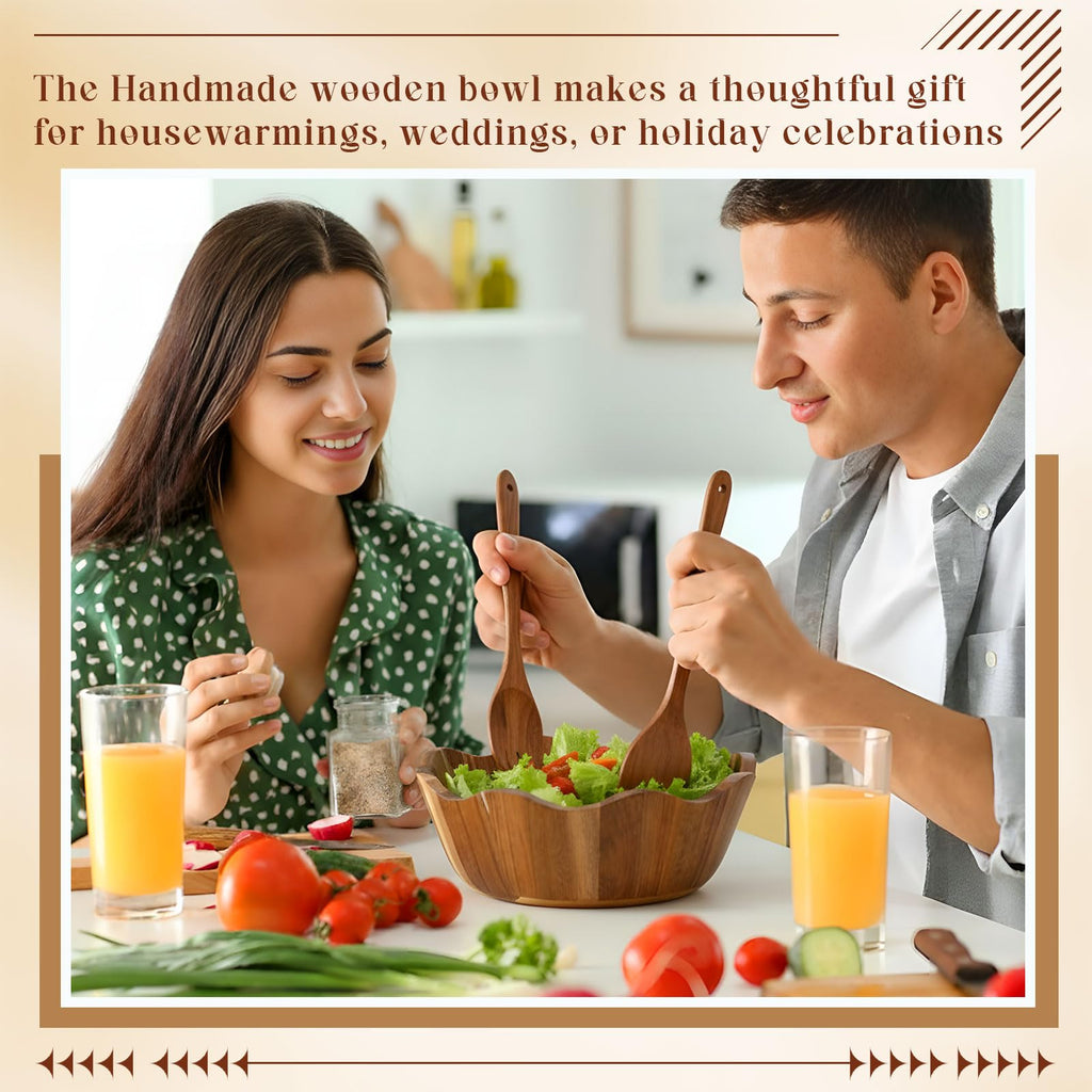 LemonRoad Wooden Salad Bowls Set 12 inch Wavy Large Acacia Wood Serving Bowl with 2 Wooden Hands 2 Utensils Fork Spoon for Fruit, Salad, Cereal, Corn flake, Pasta, Food(Irregular Shaped)