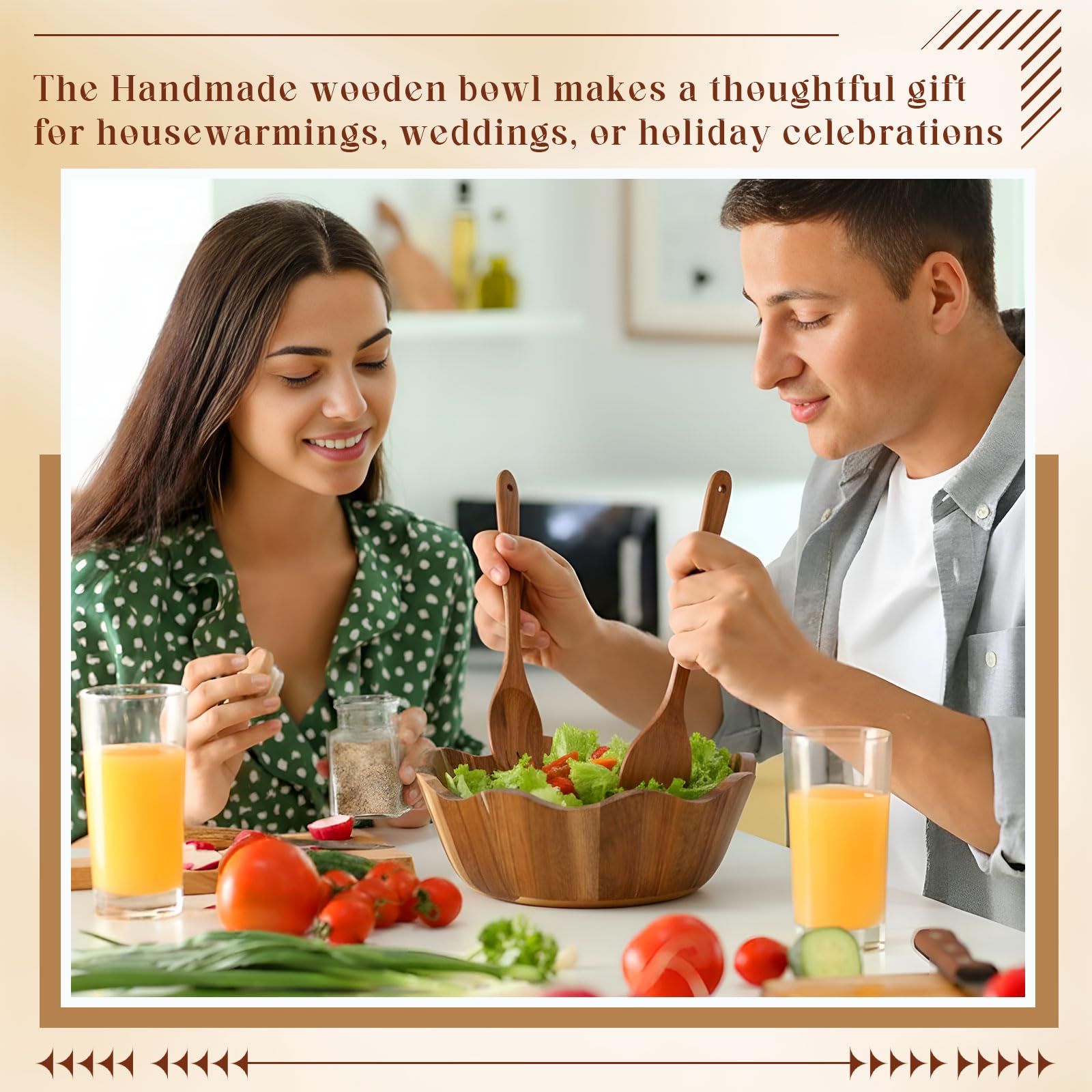 LemonRoad Wooden Salad Bowls Set 12 inch Wavy Large Acacia Wood Serving Bowl with 2 Wooden Hands 2 Utensils Fork Spoon for Fruit, Salad, Cereal, Corn flake, Pasta, Food(Irregular Shaped)