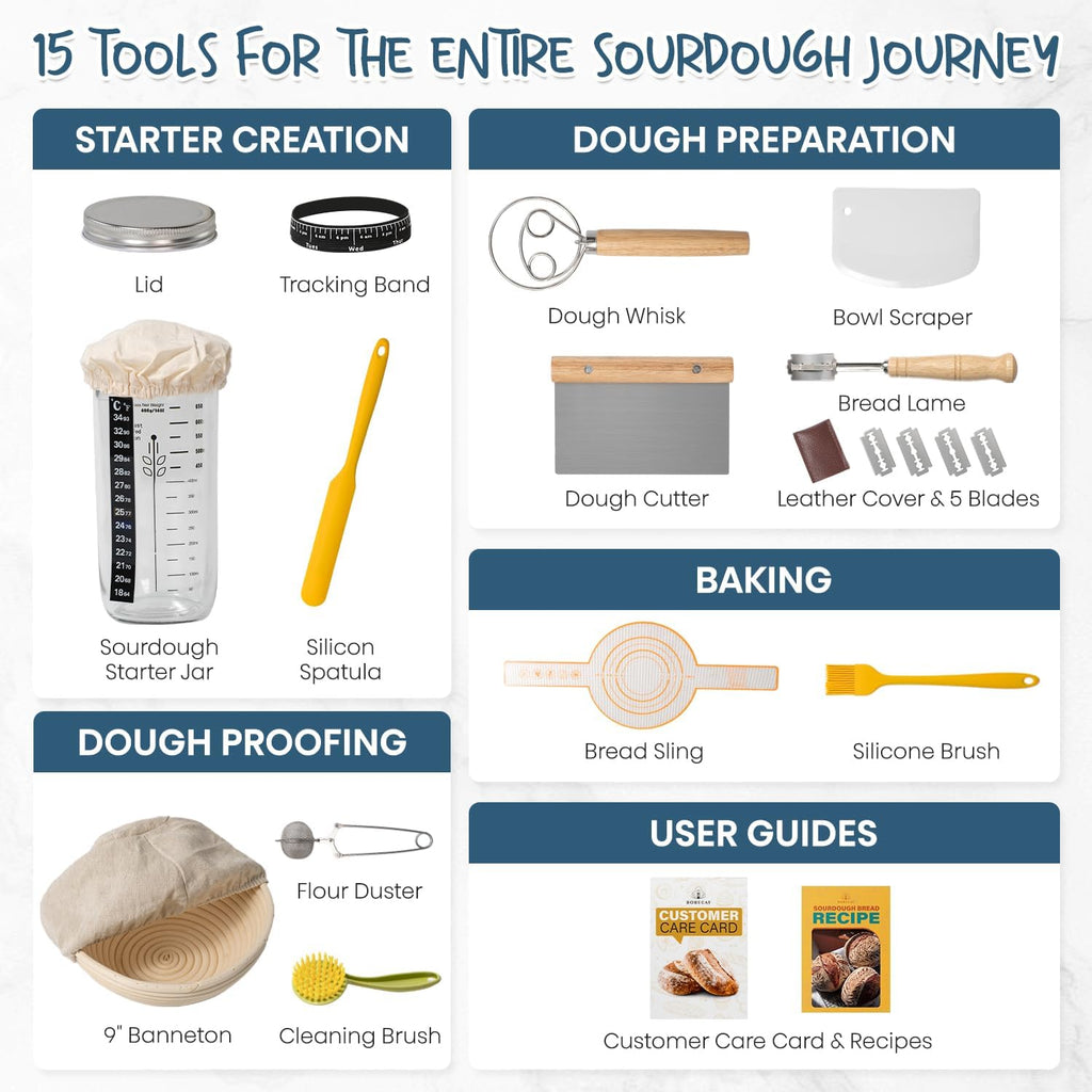 Skiennix Sourdough Starter Kit - Complete Baking Set with 24oz Starter Jar & 9'' Round Banneton Baskets