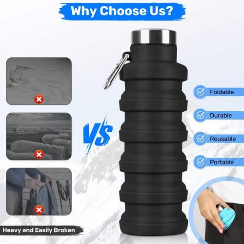 Rotayi Collapsible Water Bottle, 16oz Portable Reusable Silicone Water Bottle, BPA-Free Leak-Proof Foldable Design with Carabiner, Lightweight Durable for Gym, Travel, Camping, Hiking, Sports-Black