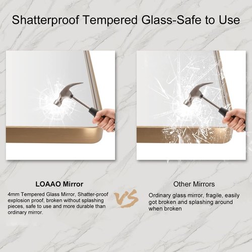 LOAAO Gold Bathroom Mirror - 28”X36” Rounded Rectangle Design | Wall-Mounted, Anti-Rust Tempered Glass