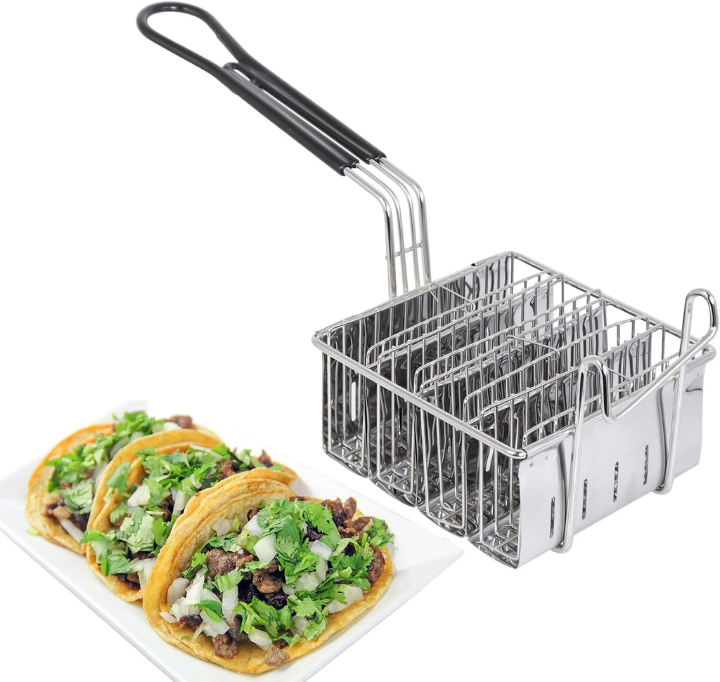Skiennix Taco Fryer Basket - Stainless Steel Deep Fryer with Handle | Flat Bottom Shell Mold
