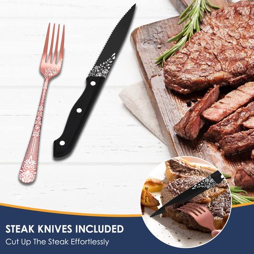 EUIRIO 72-Piece Copper Silverware Set with Steak Knives,Rose Gold Flatware Set for 12,Stainless Steel Tableware Cutlery Set，Kitchen Utensils Spoon and Fork Set with Floral Laser，Dishwasher Safe