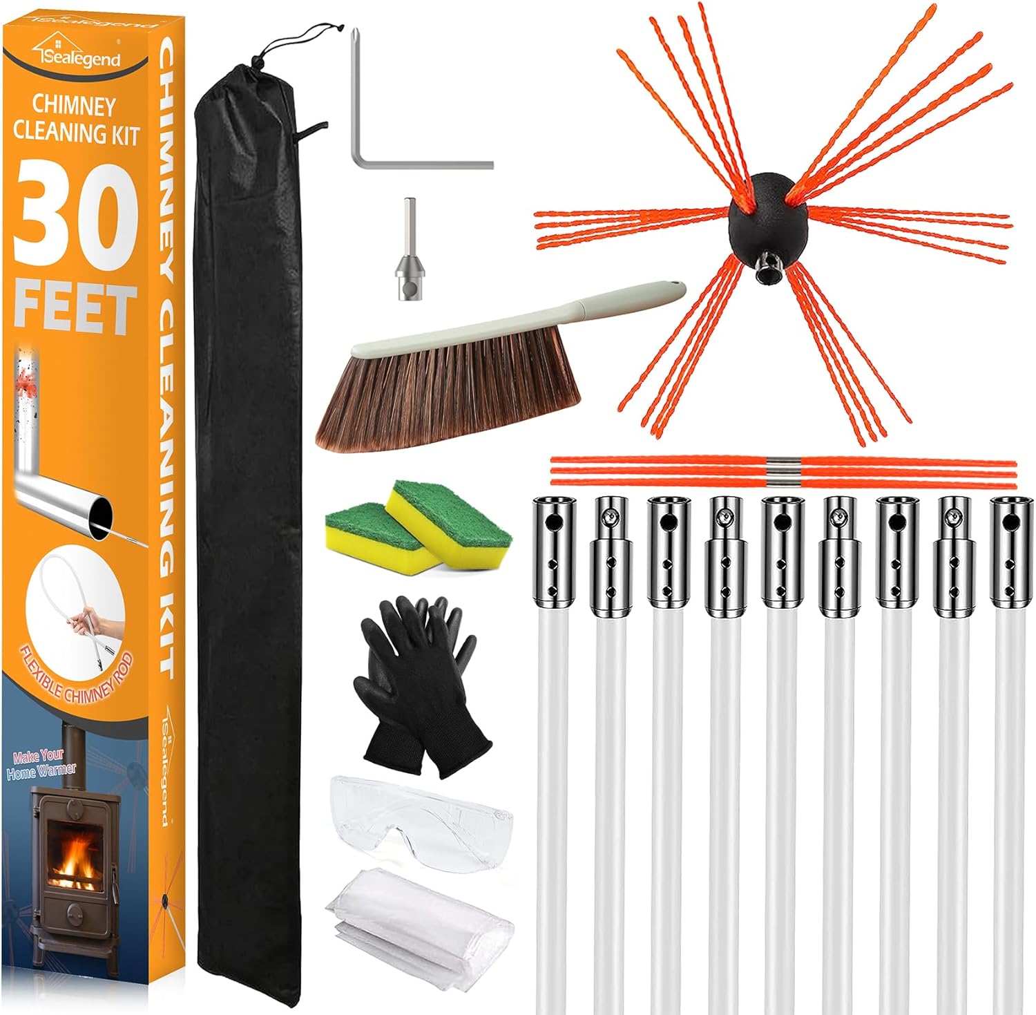 Sealegend Chimney Sweep Kit - 30 Feet Rotary Cleaning System with 9 Flexible Nylon Rods