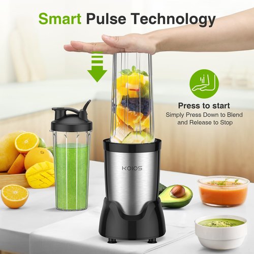 KOIOS Blender - Personal Smoothie Maker with 3 To-Go Cups | 22000 RPM, Detachable 6-Leaf Blade, Black