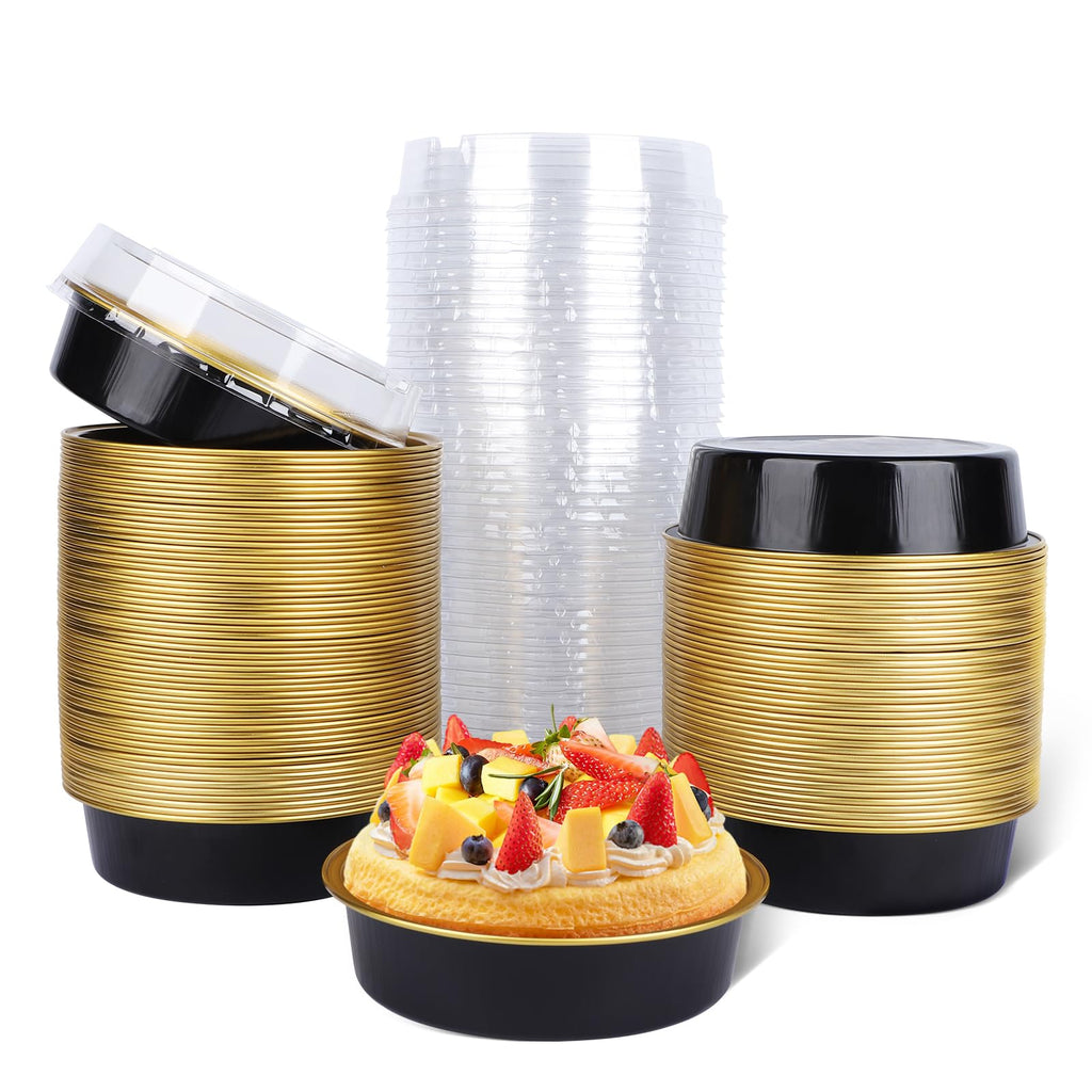 Beasea Disposable Creme Brulee Ramekins with Lids, 120 Pack 4 Inch 8oz Mini Pie Tins Black Gold Mini Small Aluminum Foil Pie Tart Cake Baking Pans Individual Round Containers Oven Safe for Baking