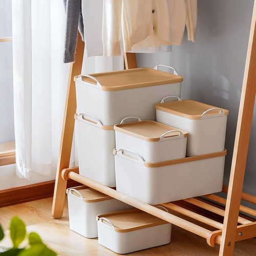 ANMINY Plastic Storage Bins - 5PCS Large Lidded Containers for Closet & Desktop Organization | Wheat Lids