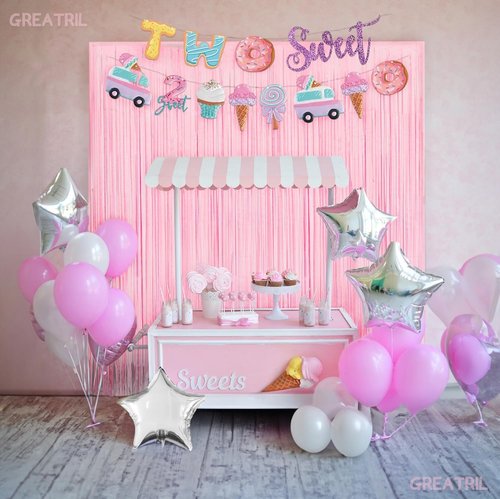 GREATRIL Pastel Pink Party Backdrop - Foil Fringe Streamers for Baby Showers & Celebrations | 3.2ft X 8.2ft - 2 Packs