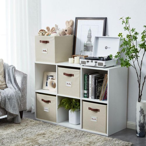DECOMOMO Storage Baskets - 13x15x13 Cube Bins with Labels for Organized Shelves | Beige (Set of 4)