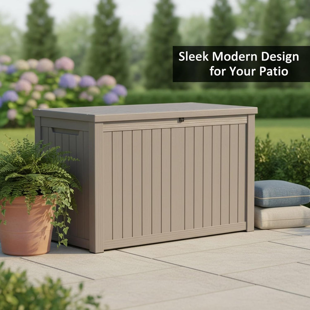 180 Gallon Resin Deck Box - Lockable Waterproof Storage for Patio Furniture & Garden Tools | All-Weather Wood Grain Design