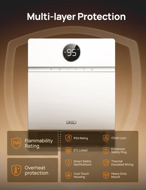 DREO Smart Wall Heater - IP24 Electric PTC Space Heater with 30° Oscillation & Remote Control | Ideal for Home & Office