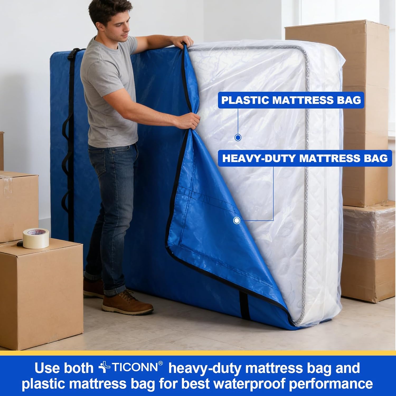 TICONN Heavy-Duty Queen Mattress Bag - Full-Around Handle & Adjustable Buckles | Blue Storage Solution