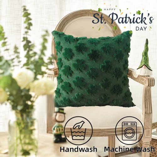 Eliluoni St Patricks Day Pillow Covers, 18x18 Inch Set of 2 Green Shamrock Throw Pillows, Soft Plush & Faux Fur Decor for Couch Sofa Bedroom, Holiday Home Decorations