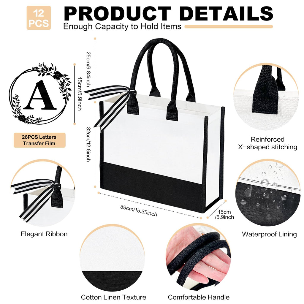 FODIENS 12 Pack Canvas Tote Bag for Women, Personalized Blank Beach Bag with 26PCS A-Z Initial Heat Transfer Letters Film, DIY Monogrammed Gift Tote Bags Bulk for Mom Teachers Friends Bridesmaids