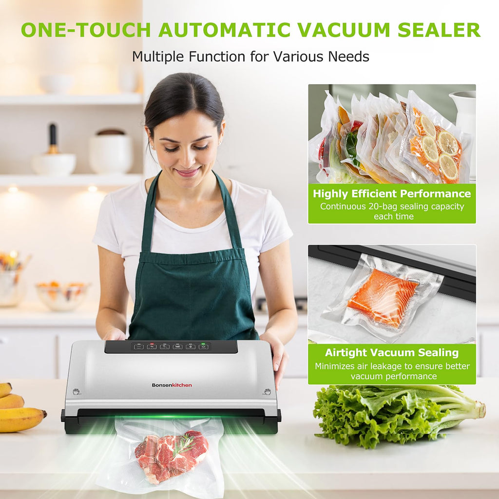 Bonsenkitchen Vacuum Sealer Machine, Built-in Cutter | Bag Storage, Multifunctional Food Sealer for Sous Vide & Meal Prep, 1 Roll Bag & 5 Pre-Cut Bags, Silver