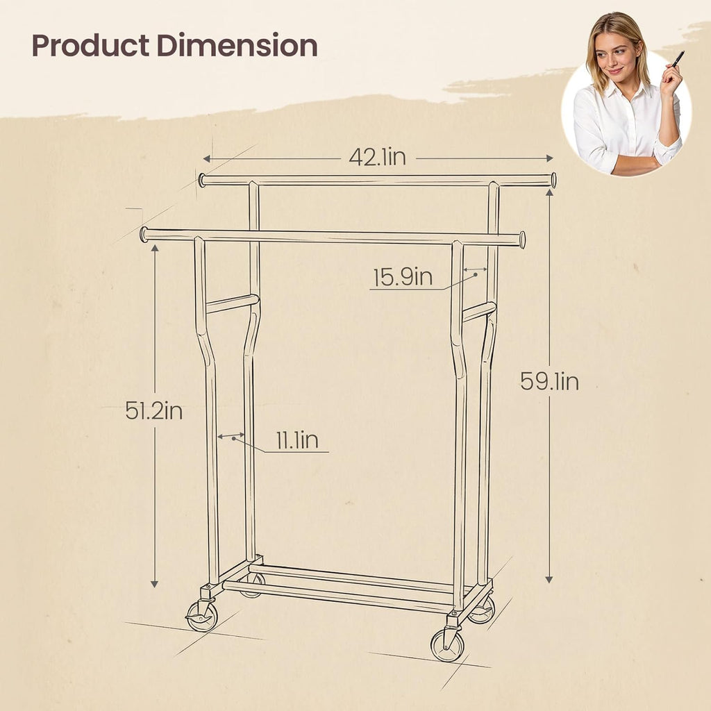 Skiennix Double Rod Rolling Clothes Rack - Heavy-Duty Metal Garment Rack with Wheels, Black