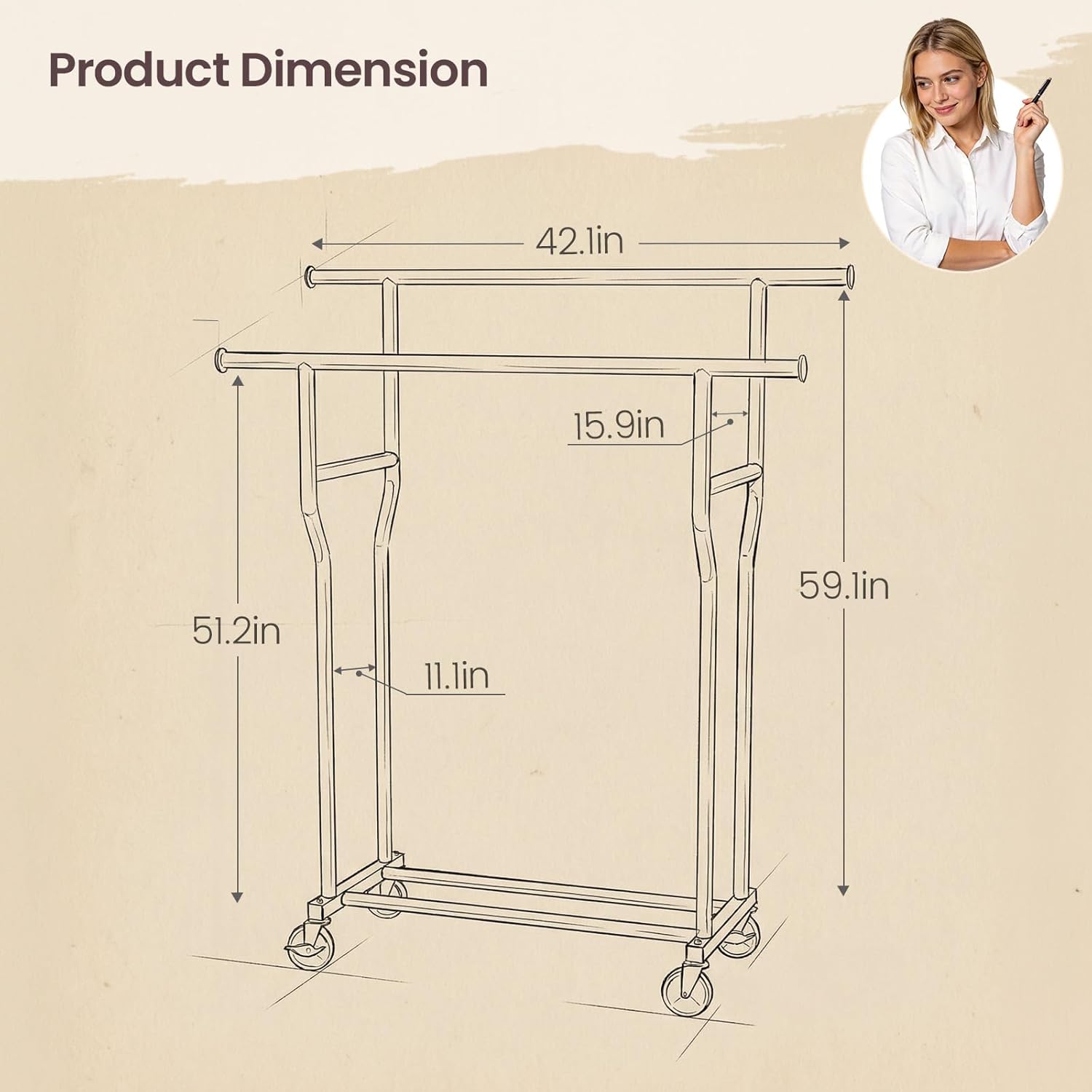 Skiennix Double Rod Rolling Clothes Rack - Heavy-Duty Metal Garment Rack with Wheels, Black