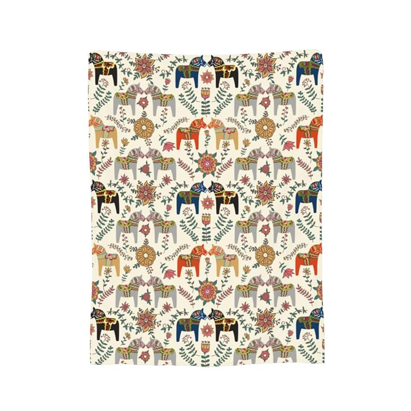 Horse Throw Blanket 80x60 Inches - Swedish Dala Horses Gift for Men Women Kids - Light Wool-Feel Flannel