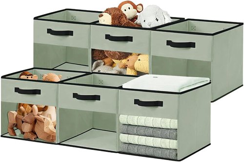 DECOMOMO Storage Bins - Fabric Cube Storage with Window for Shelves | 11" Green (Set of 6)