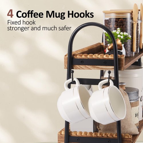 BDBDYEAY Coffee Bar Accessories, 2-Tier Coffee Bar Organizer with 4 Coffee Cup Holder Hooks, Mul-tifunctional Wooden Beaded Coffee Station Countertop Stand Shelf for Kitchen Home Office