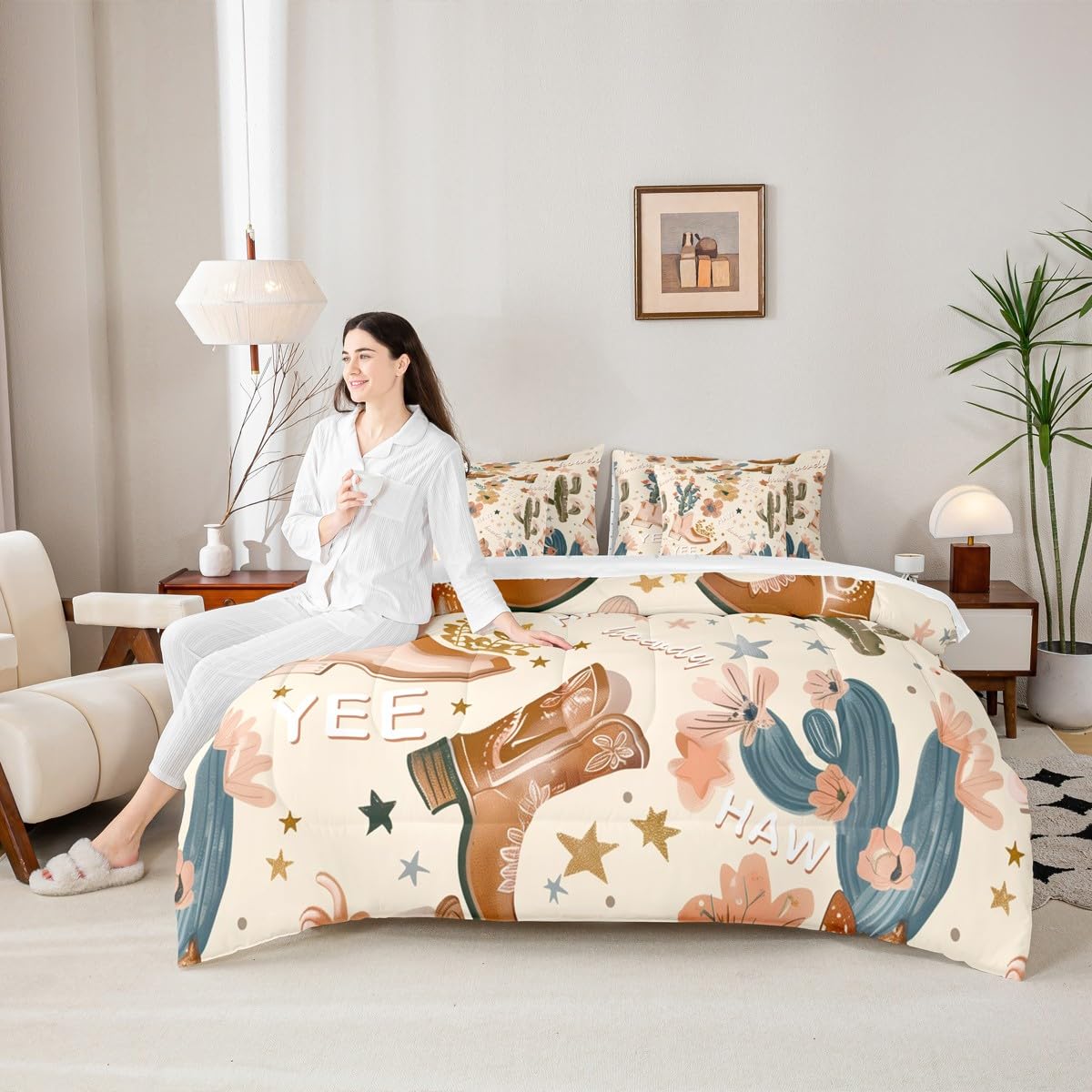 Manfei 7pcs Cowgirl Comforter Set Twin Size, Country Western Cowboy Boots Bedding Set with Sheets for Kids Girls Teens Room Decor, Wild West Cactus Flower Bed in a Bag Cute Cartoon Brown Bed Set