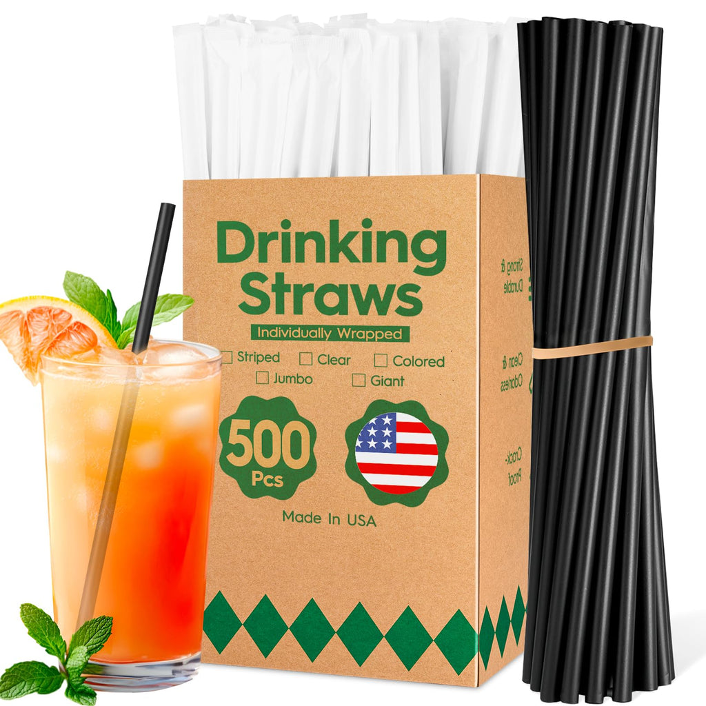 Delxo 500 Count Individually Wrapped Clear Plastic Straws - 7.75 Inch Long, 0.23 Inch Diameter - Disposable Drinking Straws for Party, Every Occasion - Made in USA
