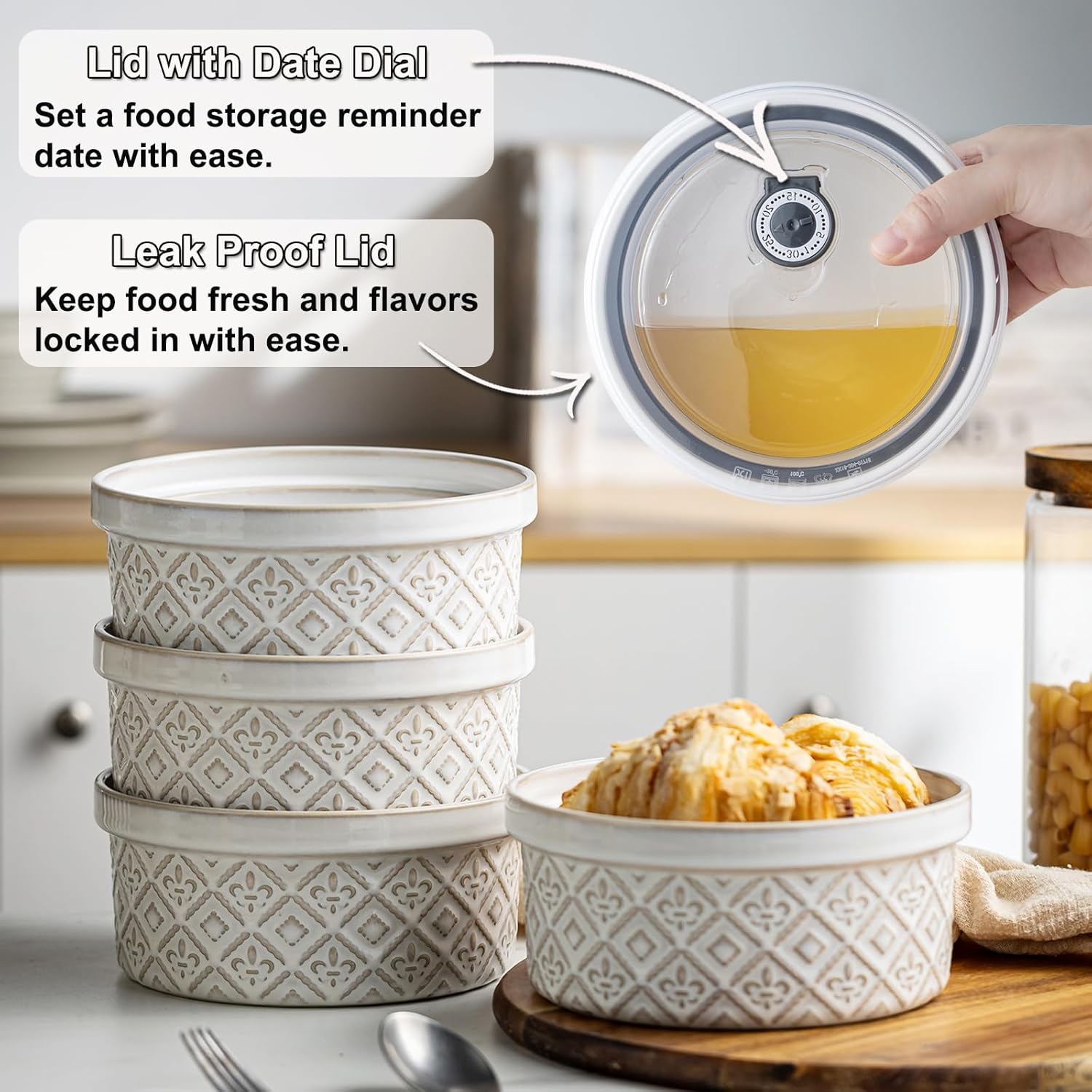 Ramekins 40 Oz Ceramic Airtight Bowls Set of 4 - Large Mixing Bowls with Lids for Salad, Soup & Baking - Beige
