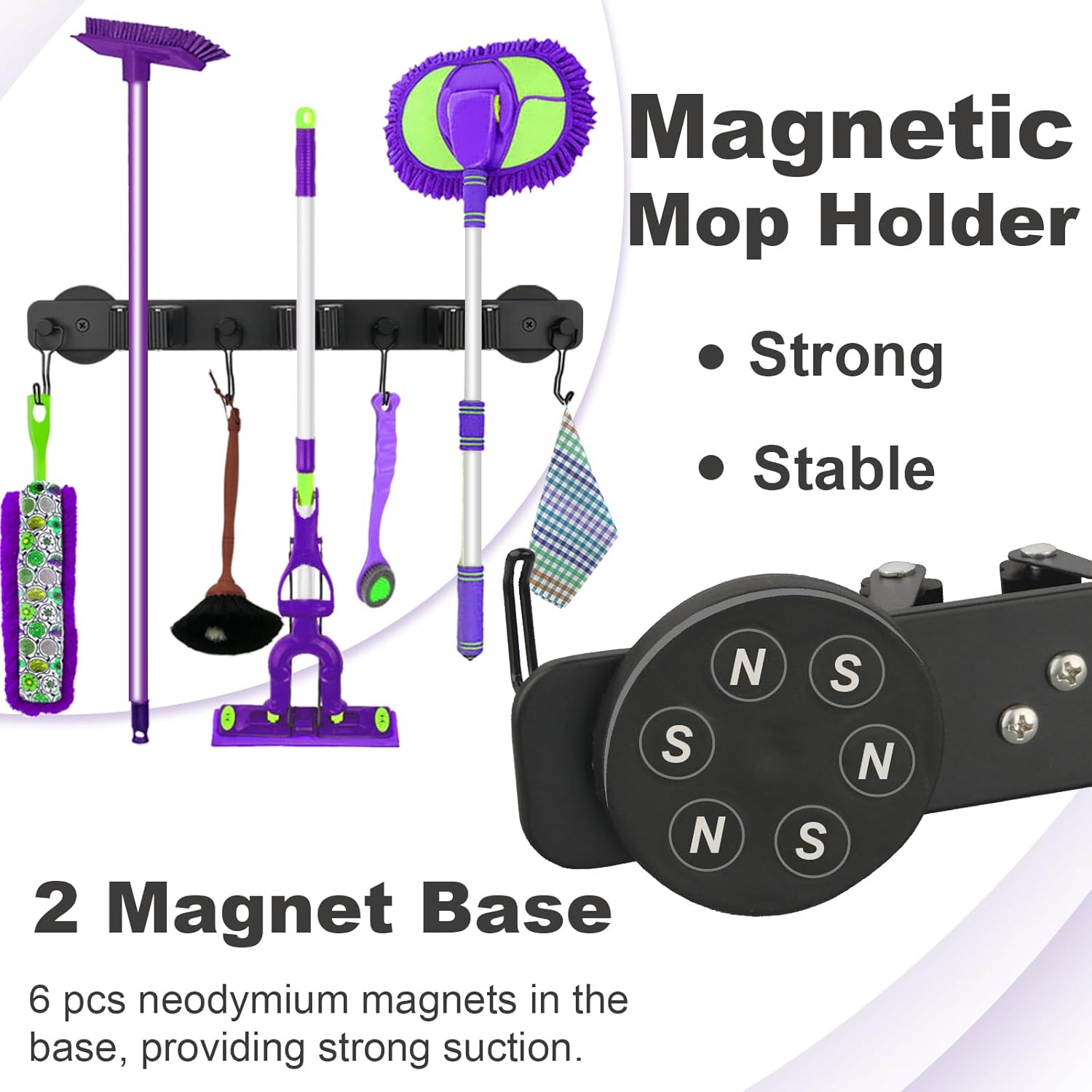 Skiennix Magnetic Mop Holder - Heavy Duty Swivel Hook Organizer for Cleaning Tools | Ideal for Garage & Kitchen