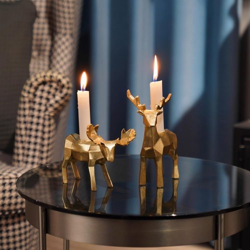 Braxio Candle Holder Set - Elegant Resin Origami Gold Reindeer & Moose | Set of 2 for Holiday Decor